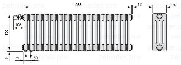 Схема (чертеж) Радиатор Zehnder Charleston 4050/23 №V001 Белый глянцевый RAL 9016